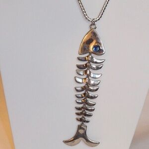 Linea By Louis Dell" Olio Silver Tone Blue Gold Stone Eyes Fish Necklace